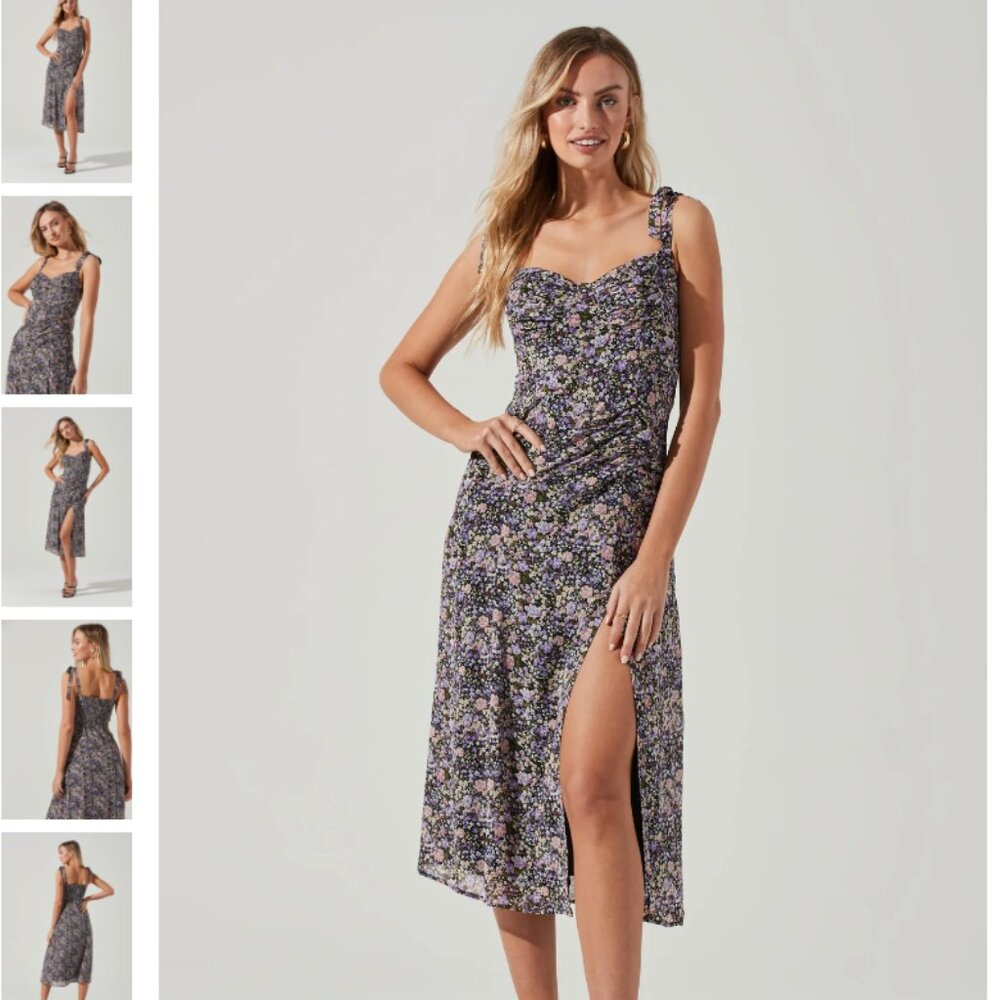 ASTR the Label Floral Tie Strap Midi Dress Medium, BLACK PURPLE FLORAL